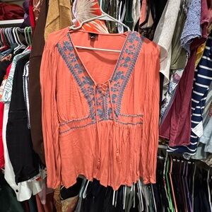 Torrid Coral Blouse with Blue Detailing